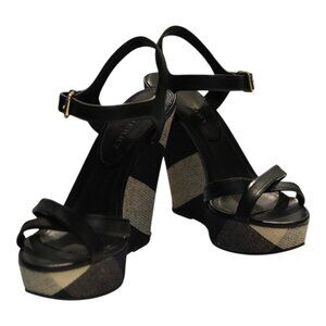 Burberry Black Leather Signature Check Wedges Platform Strappy Sandals Shoes 40